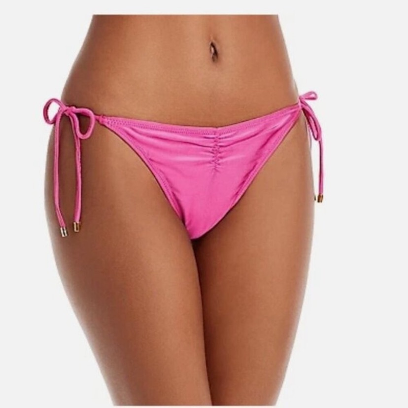 Pq Ruched Tie Teeny Bikini Bottom Cosmo Hot Pink Triangle String Cheeky L Nwt